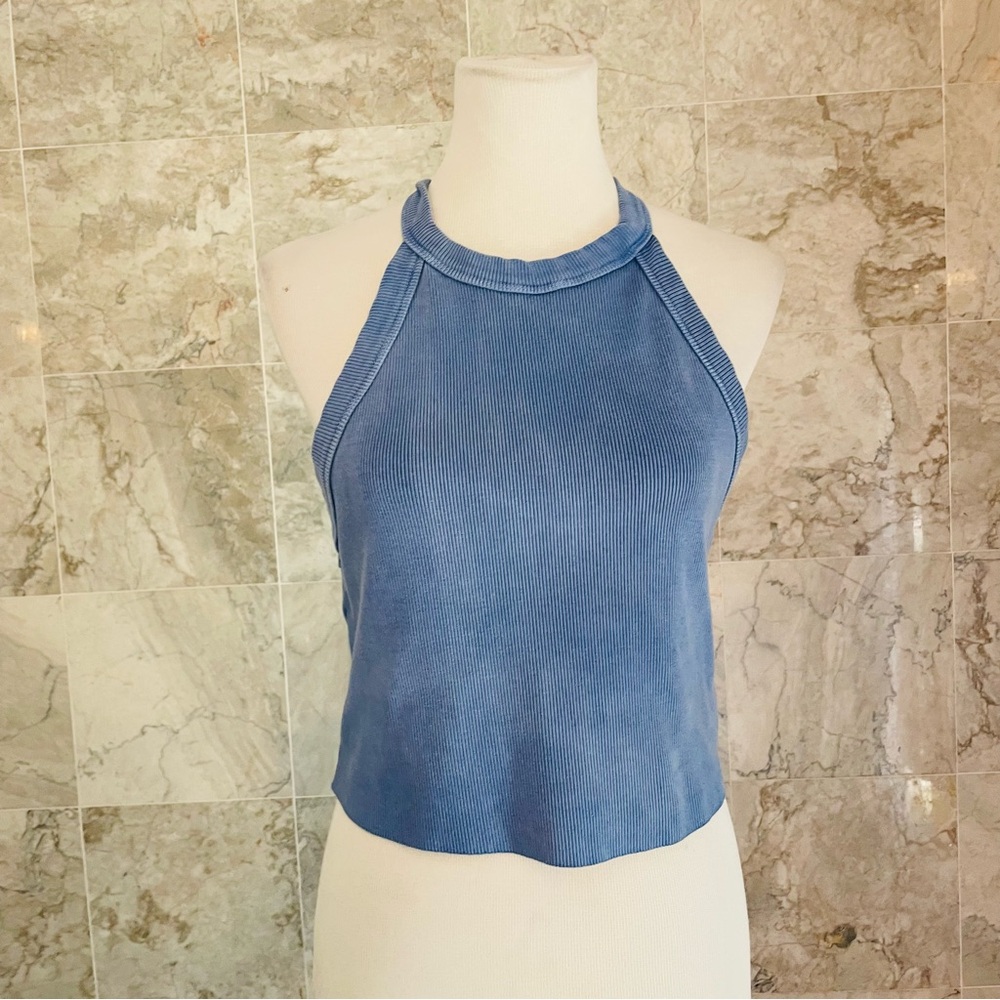 Maronie Blue Ribbed Crop Tank Top - Picture 2 of 7